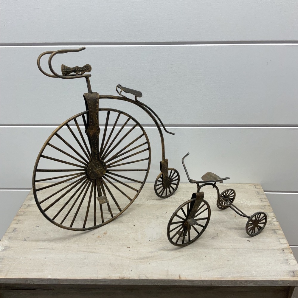 Vintage Metal Penny Farthing Bicycle and Tricycle Wire Art Sculptures Set of 2